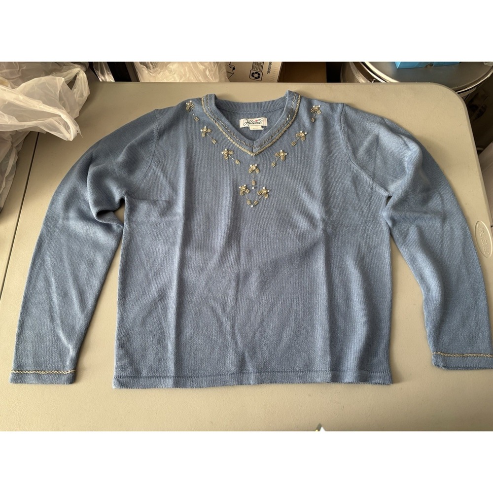 Vtg Haband Woman's Light Blue M Embellished Sweater GrandmaCORE